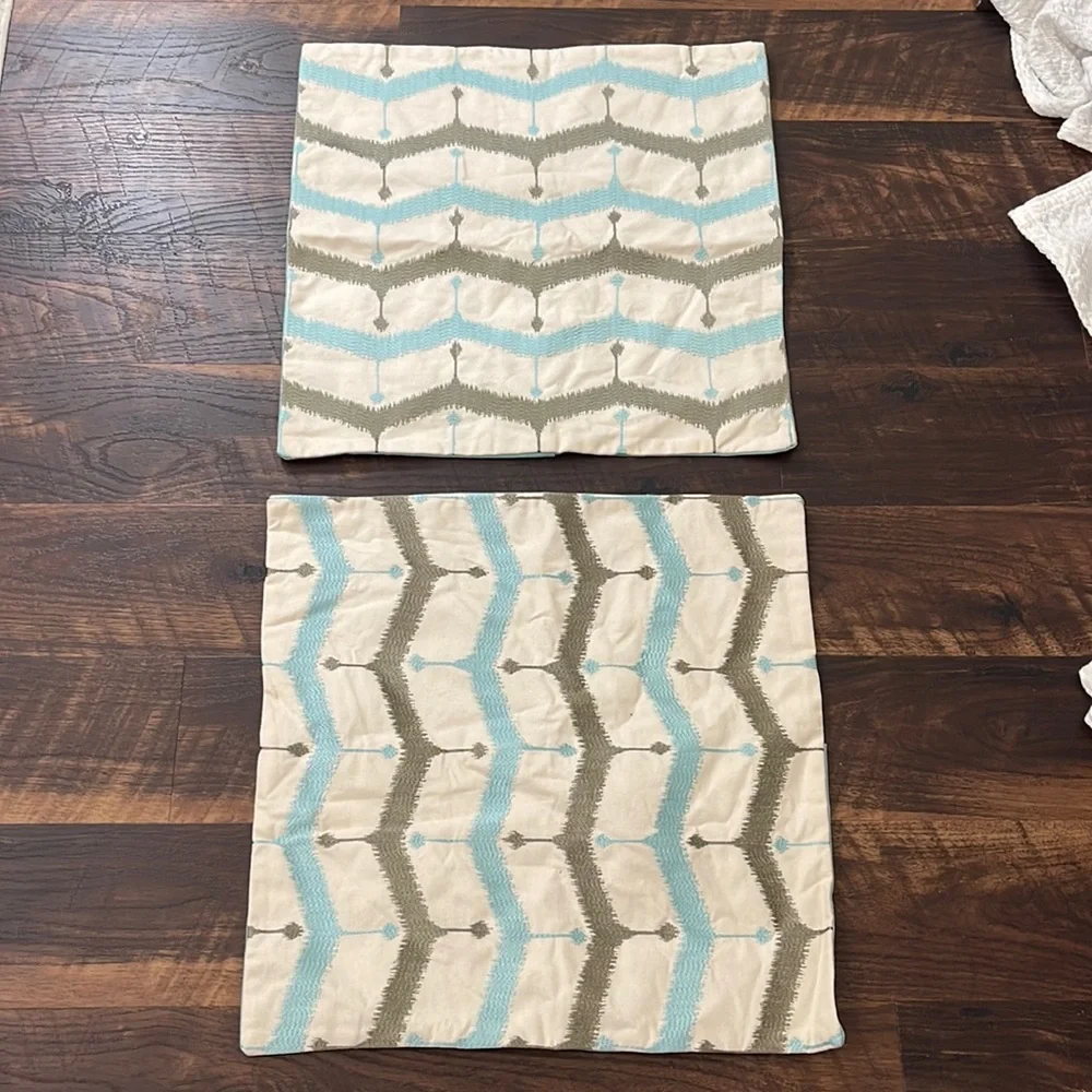 West Elm Blue Cotton Chevron Blue Tan Buttoned Embroidered 20x20 Pillow …